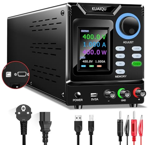 KUAIQU Fuente de Alimentación Regulable Programable 400V 1A Alto Voltaje Fuente de Alimentación Laboratorio con Software PC/Perilla Codificadora/Memoria/Interruptor de Salida y Botón de Bloqueo