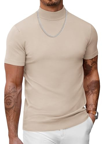 COOFANDY Mens T-Shirt Short Sleeve Mock Turtleneck Shirt Knitted Roll Neck Men's Mock Tops Slim Fit Tee Moon Grey XL