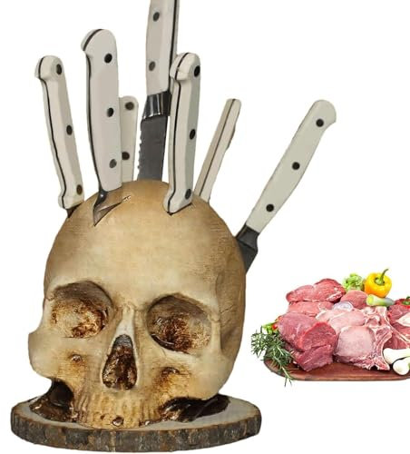 HOUSN Totenkopf Messerhalter, Horror Schädel Messerblock, 2024 Neuer Küchen Messer Aufbewahrungsregal Organizer, Kreativer Harz Skelettkopf Messerständer, für Küchenhelfer & Heimdekoration,Braun