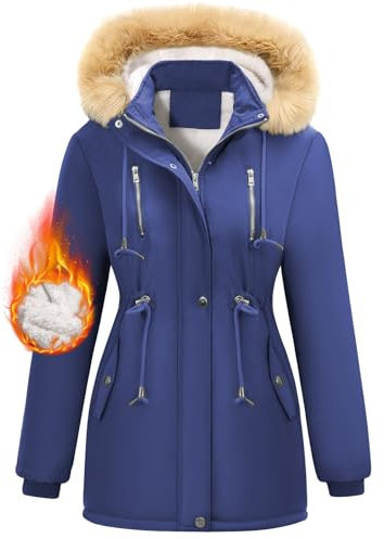 Nadeer Parka Donna Cappotti Invernali Foderato in Pile Giacca con Cappuccio in Pelliccia Sintetica Cappotto Imbottito Giubbotto con Tasche(Navy,L)