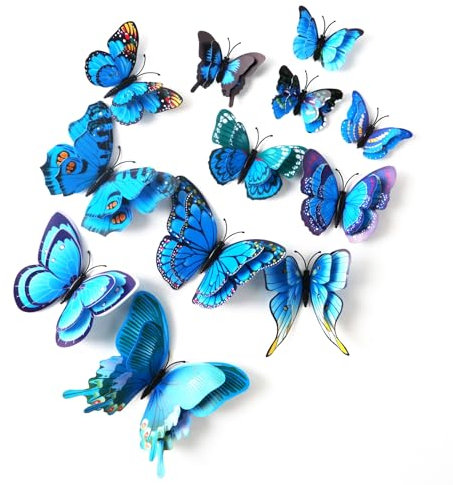 Jisrcha 60 Stück Schmetterlings-Wandaufkleber, 3D Schmetterling Deko, Wand Dekoration Schmetterlinge Fliegende Schmetterling Deko für Kinderzimmer Deko, Dekoration Curtains, Party, Weihnachtstag(Blau)