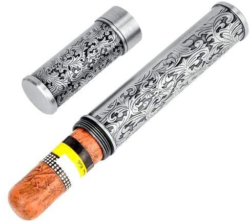 Linkidea cigarrhållare i zinklegering med vintage-randmönster, lufttät enda rör för män, bärbart resecigarretui kompatibelt med cigarrer med ringmätare 50 (silver)