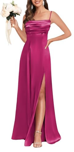 YIANN Vestido de fiesta de satén con tirantes delgados, cuello drapeado y abertura para mujer, vestido largo de dama de honor, fucsia, 40