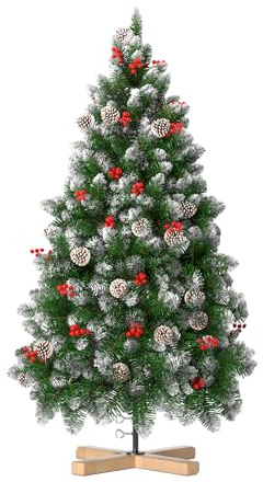 FIVMEN Albero di Natale artificiale 180 cm PVC Albero di Natale artificiale automatico con supporto, decorazione natalizia con neve, pigne e bacche