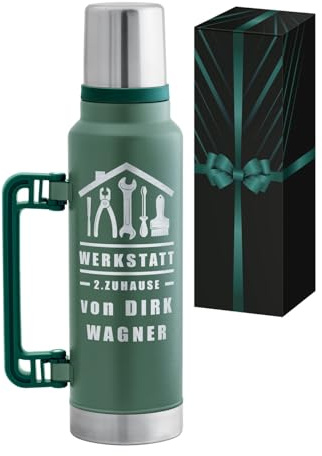 Personalisierte Thermosflasche 1400 ml mit Griff - auslaufsichere Edelstahl Trinkflasche mit Trinkbecher für unterwegs - Personalisierte Geschenke Männer - Abschiedsgeschenk Kollegen - Grün- Maverton