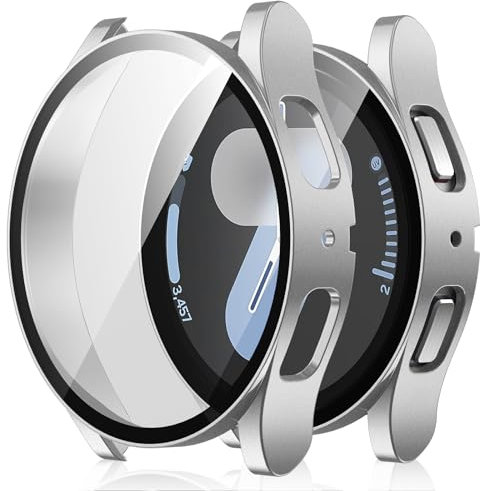 Amizee 2 Pièces Coque Compatible avec Samsung Galaxy Watch 7 40mm avec Protection Écran, Ultra Mince Étui Dur de Anti-Rayures Verre Trempé Écran Coque pour Galaxy Watch 7 (Argent/Clair)