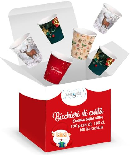 TopClic | Bicchierini Carta Caffè Natalizi 75ml | Ecologici e Riciclabili | Sicuri per Alimenti | Design Festivo | Ideali per Bar, Eventi e Uffici (500)
