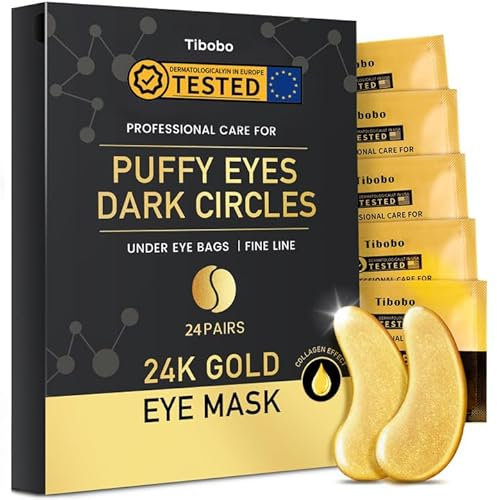 Tibobo 24K Gold Augenpads, 24 Paar Gel Eye Patches, Augenpads Gegen Augenringe Mit Hyaluron & Collagen, Anti Aging Under Eye Pads Gegen Tränensäcke, Falten Und Fältchen, Augen Pads Masken