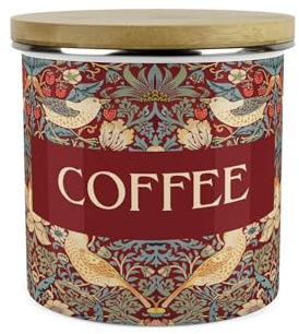 Purely Home Red Strawberry Thief Coffee Storage Canister - Morris Inspired Floral Tapestry Artwork - Large Enamel Hot Drinks Kitchen Storage Container