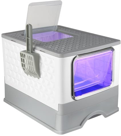 Maison de Toilette Chat,Grand Bac à Litière pour Chat, avec Pelle à Litière Auto-toiletteur Désinfection UV -52 * 39 * 39cm Stérilisation-Gris