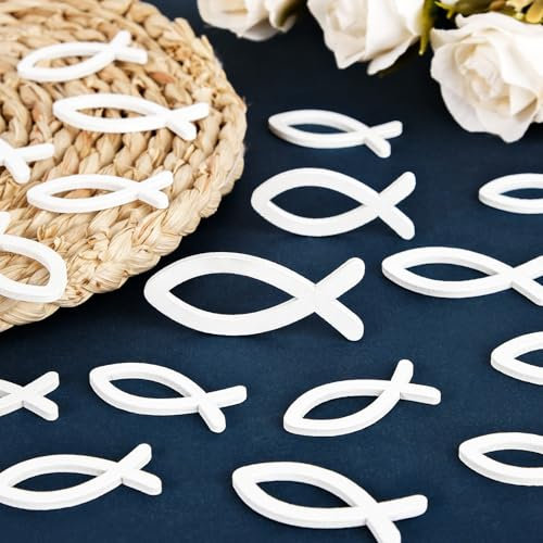 ARTREE Holz Fisch Deko Set, 96 Stück Fische Streudeko Tischdeko, Holz Deko Fische Verzierung für Taufe, Holz Fische Streudeko Taufedeko Junge Taufe Kommunion und Konfirmation（weiß)