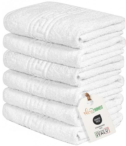 nice homeit Juego de 6 Toallas de Cara y Manos de 40 x 60 cm – Toallas de baño de 100% algodón Hilado en Anillo – Extra Suave y Absorbente. Fabricado en Italia (Blanco)