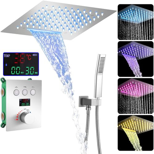 WRKMH Unterputz Duscharmatur Set Chrom, Unterputz Duschsystem mit Thermostat, 64 Farben LED Duscharmatur Komplettset Digitalanzeige Duschamaturenset Regendusche mit 30 * 30cm 2 Funktional Duschkopf