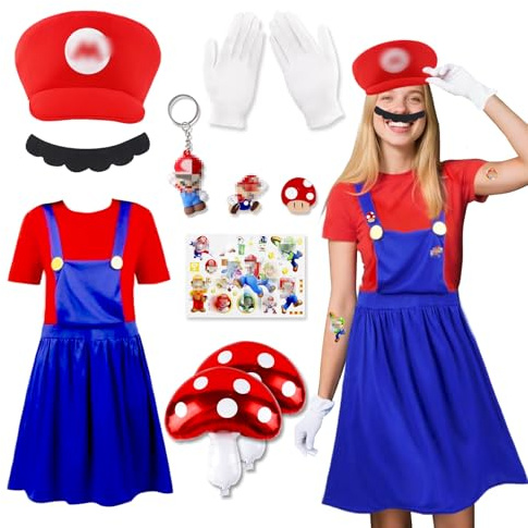 Kostüm Cosplay Damen- Super Brothers Cosplay Rock Kostüm mit Cap Schnurrbart Luftballons Tattoos Broschen Cos Kleid Rock Set Damen Mädchen Outfit für Halloween Weihnachten Karneval Faschingskostüme
