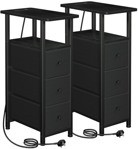LOAKEKEL Narrow Bedside Table Set of 2, Slim Side Table for Bedroom | Bed Side Table Living Room with Charging Station, Sofa Table with 3 Fabric Drawers, Small Nightstand for Small Spaces, Black