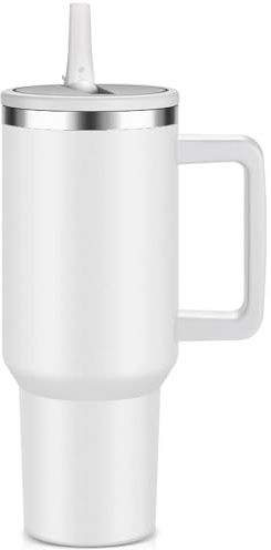 YENTEN 40 oz Tumbler with Handle and Straw Lid | Leak-Proof Insulated Stainless Steel Water Bottle Travel Mug | Gifts for Women Men Him Her | Simple White