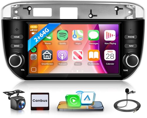 4 Core 64G Android 15 Autoradio für FIAT Linea Punto Evo Linie 2012-2015 Wireless Carplay Android Auto 7 Zoll Touchscreen Autoradio mit Navi GPS WiFi Mirror Link Bluetooth FM/RDS EQ/SWC Rückfahrkamera