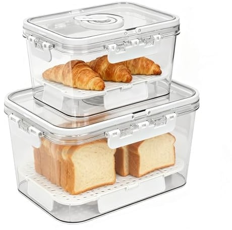 2 Pcs Bread Bin Airtight Bread Box for Kitchen Counter,Storage Container | Time Recording, Bread Container with Handle and Ice Pack for Homemade Bread Toast Bagel Donut and Cookies