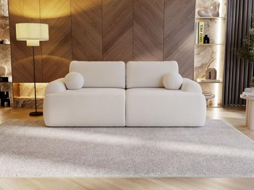GRAINGOLD Aurio Sofa modern mit Bettfunktion, 200x134 cm, Sofa für Wohnzimmer, Bouclé-Stoff, 2-Sitzer Couch, Sofa mit Bettkasten (Creme)