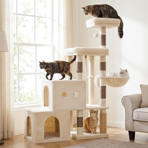 Hey-brother Kratzbaum für Kätzchen, stufenförmigem Klettergang, MPJ061MJ | 130 cm stabil Katzenbaum mit 2 geräumigen Höhle, 2 Plattformen, korb & Sisalseil, für kleine & mittelgroße Katzen, Beige-Gold