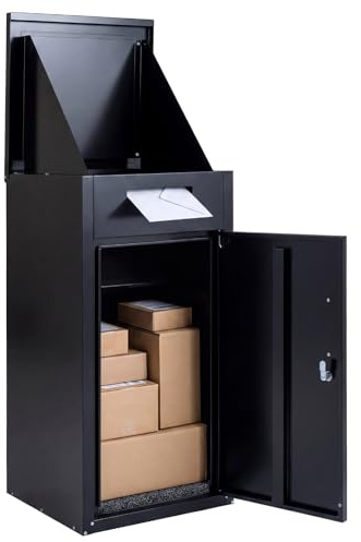 GYMAX Outdoor Paketbox, Paketbriefkasten mit Paketfach, Code-Schloss, Brief- & Paketabgabeschlitz, Briefkasten Draussen groß XXL, Paketkasten für Briefe, Pakete, Stahl, Schwarz