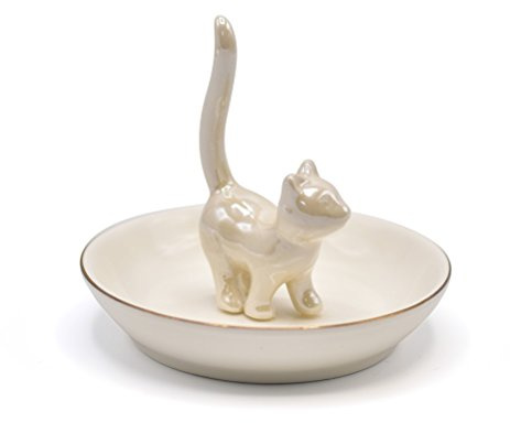 ROSA&ROSE Cat Ring Holder Trinket Tray Ceramic Jewelry Dish Decorative Ring Holder/Trinket Tray Engagement Wedding Birthday Gifts for Women Her(Pearl White)