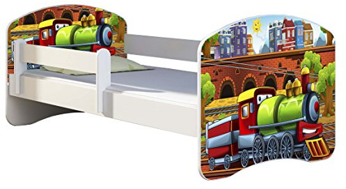Kinderbett Jugendbett mit einer Schublade und Matratze Weiß ACMA II 140 160 180 40 Design (180x80 cm, 44 Lokomotive)