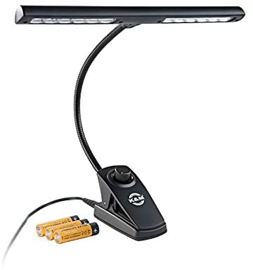 K&M 12295 Notenpultleuchte Dimmer Light Schwarz – 30 cm Lampenschirm – Clip mit Schwanenhals, 2 x 1400 Lux