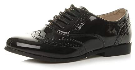AJVANI Womens Ladies Flat Low Heel lace up smart Vintage Oxford Shoes Brogues Size