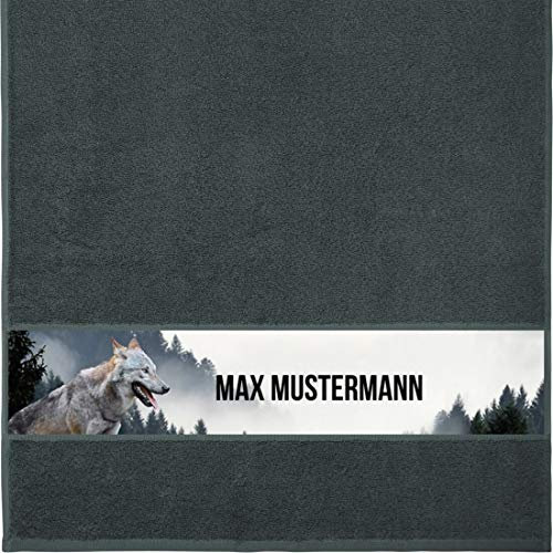 Manutextur Handtuch mit Namen - personalisiert - Motiv Tiere - Wolf - viele Farben & Motive - Dusch-Handtuch - anthrazit - Größe 50x100 cm - persönliches Geschenk mit Wunsch-Motiv und Wunsch-Name