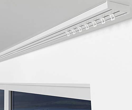 ALOHA Gardinenschiene aus Aluminium Vorhangschienen, Deckenbefestigung 1, 2, 3, 4, 5 -läufig für Schiebevorhänge, Vorhänge (RIO / 3-läufig / 140cm / mit Ösengleiter/Weiß)