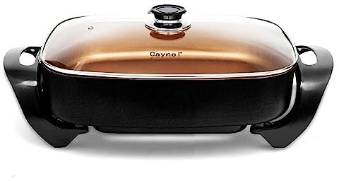 Caynel Professional Non-stick Copper Electric Skillet Jumbo, Deep Dish with Tempered Glass Vented Lid, Upgrade Thermostat, 16”x 12”x 3.15”- 8 quart