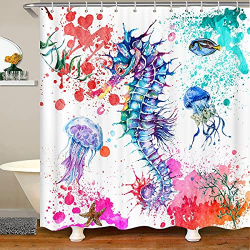 Tie Dye Badezimmer-Sets Seepferdchen Quallen Duschvorhang Hippocampus Seestern Ozean Tiere Badevorhang Für Kinder Mädchen Marine Life Coastal Stoff Duschvorhang-Sets Wasserdicht 180x180 (BxL)