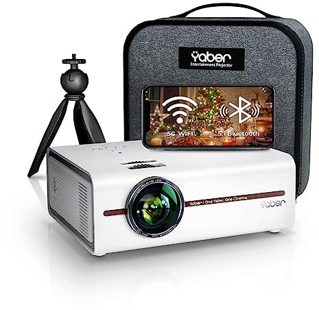 Projector 1080P FHD Supported, Mini Portable Projector with 5G WiFi Bluetooth, YABER V5 Home Cinema Projector with Synchronize Screen&Zoom for TV Stick/PC/Smartphone (Bag+Tripod included)