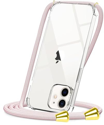 CAROKI Crossbody Case for iPhone 12 Mini, Necklace Mobile Phone Cover with Cord Strap,Clear Transparent TPU Soft iPhone 12 Mini Cover Holder with Neck Cord Lanyard Strap-Rose Gold