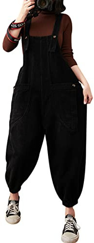 Bigassets Donna Salopette di Velluto a Coste Casuale Tute Larghe con Tasche Black S