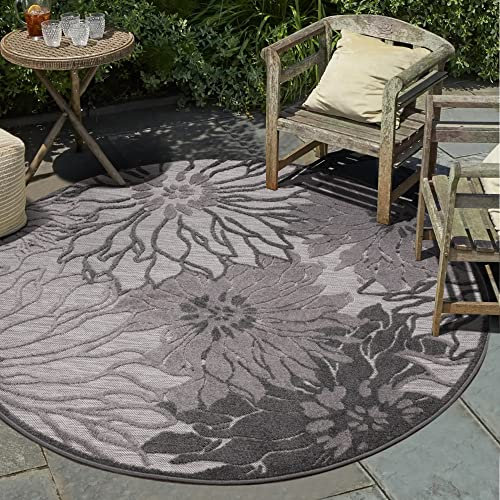 Impression Outdoor Teppich Wetterfest - Balkon Teppich Wasserabweisend - Teppich für den Innen und Außenbereich, Terrasse, Garten, Wohnzimmer, Bad oder Küche - Dunkelgrau, 120 cm Rund