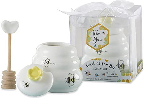 Kate Aspen Sweet as Can Bee 23261WT Mini-Honigtopf aus Keramik mit Honiglöffel aus Holz, 100 ml, Bienendekor, Weiß/Gelb
