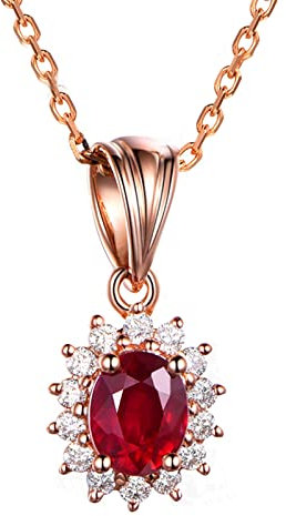 Kette Echt Rotgold Damen, Halskette Gold Anhänger Rotgold Vintage Blume mit Rubin 1.15ct Anhänger