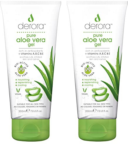 Aloe Vera Gel by Derora | Contains 100% Pure, Organic & Natural Bio Active Aloe Ingredients | for Healing, Soothing & Hydrating the Skin, Face & Body | Cruelty Free & Vegan (200ml (Pack of 2))