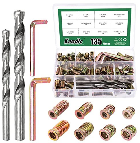 Keadic 135 Stück 1/4-Zoll-20 5/16-Zoll-18 Muttereinsätze-Set mit 9/11 mm Spiralbohrer & M6/8 Innensechskant-Werkzeug, Möbelschraube in Mutter, Gewinde, Holzeinsatz, Bolzen-Verbindungsstück Für Möbel