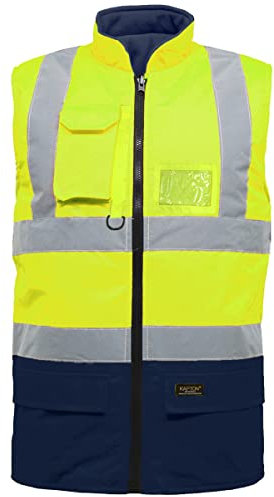 Hi Vis Reversible Fleece Gilet Reflective Saftey Security Work Jacket Protective Waistcoat Bodywarmer (Yellow/Navy, M)