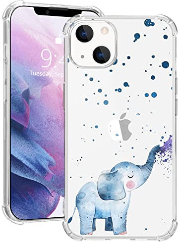 MAYCARI Cute Blue Elephant Case Clear for for iPhone 14 Pro 6.1 Inch, Cartoon Animal Pattern Transparent Shockproof Anti-Scratch Soft TPU Cover with Air Cushion for Men&Women
