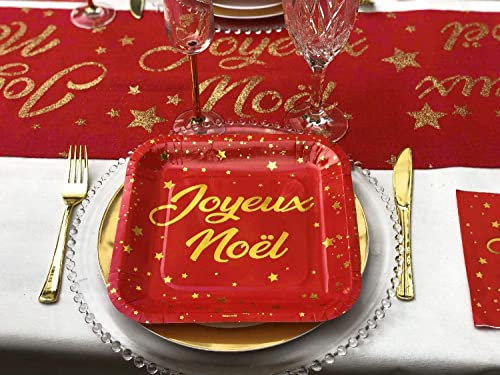 SANYGIENE Plato Cartón Feliz Navidad | Juego de 20 Platos Cuadrados Rígidos | Rojo y Oro | Vajilla Desechable | Diámetro 23 cm | Comida o Presentación
