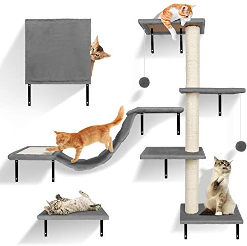 Zvonema Kletterwand Katzen, Katzen wandelemente, Kletterwand Set 10-teilig, mit Hängebrücke mit Rutschfestem,Stabiler Kratzsäulen mit Sisal,Ruhe und Spielwandregal mit Spurenkugel, bis 10 kg