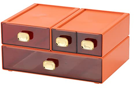 OSteed Desktop Drawer Organiser, Stackable Desk Storage Box, Orange | 4 Mix Drawers, Bathroom Storage Solutions, A4 A5 Flat paper, Wide Shallow, Workshop, Bedroom, Pencil, Cardboard, Acrylic