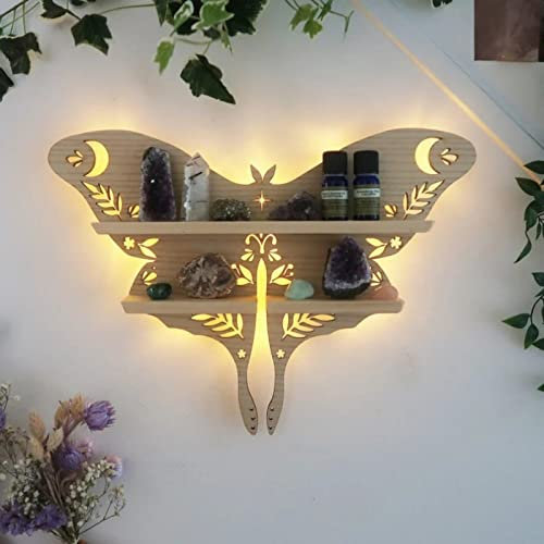HBSGS Kristall-Regal, Wandregal, Katzen-Mond-Regale, Motten-Hamsa-Handhalter, schwebende Wandmontage, dekoratives Kristall-Wandregal, Kristall-Organizer (Holzmotte, 38,5 X 27,5 cm)