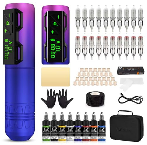 EZ Tattoo Maschinen Set - Tattoo Set mit Rotations Tattoo Maschine, 20 Stück Tattoo Nadeln, 1800mAh Stromversorgung Akku für Tattoo Anfänger und Künstler (P2S Lila)