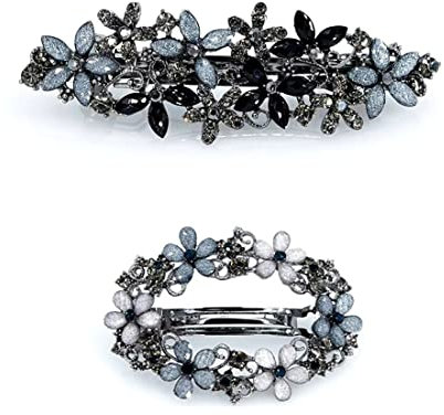WJRQD 2 Stück Elegante Haarspangen für Damen Mädchen, Glitzernde Mode Exquisite Blume Kristall Haarspangen (Schwarz und Dunkelblau/Grau und Grau),zwei Formen