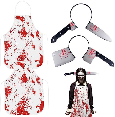 Runup Halloween Couteau bandeau et tablier sanglant, 4 pièces costume d'Halloween comprend couteau sur la tête bandeau et Halloween tablier sanglant, Horror Dress Up pour les femmes hommes adultes